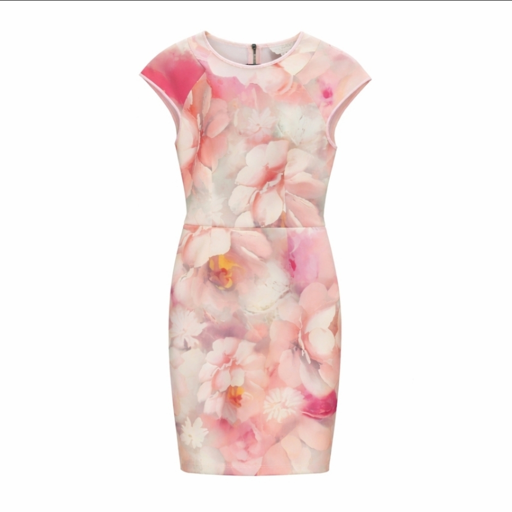 Floral Pink Cap-Sleeve Sheath Dress